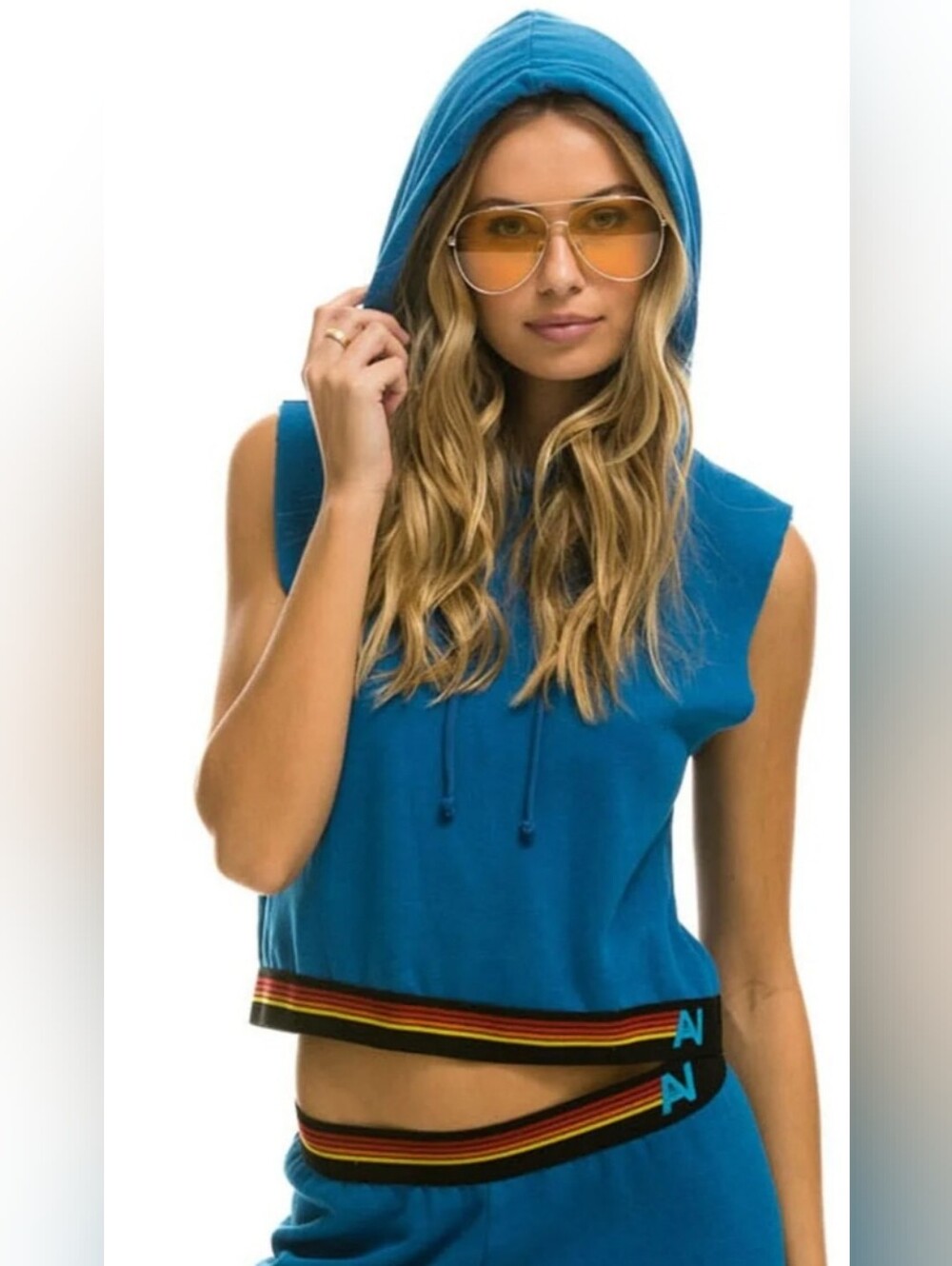 Aviator Nation Blue Logo Stripe Sleeveless Crop Pullover Hoodie Sweatshirt M